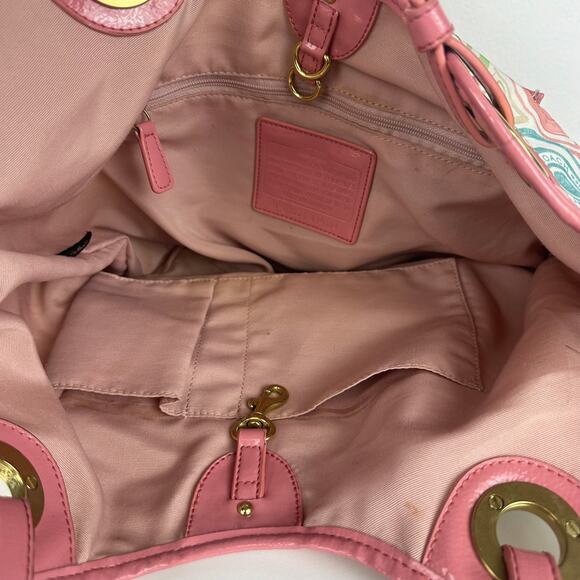 Coach Multicolor Signature The Beach Patent Leather Pink Trim Tote Bag F19184 - Picture 5 of 10